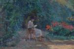 DESFORGES, Henri (20ème siècle). "La lecture dans le parc", huile...