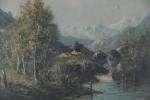 LION CACHET, Carel Adolph (1864-1945). Paysage animé, les montagnes en...