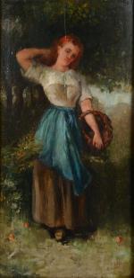 BON. L (19ème siècle).  "Jeune femme au panier", huile...