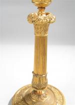 BOUGEOIRS (paire de) en bronze doré, fût colonne, coiffé d'une...