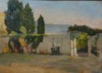 MANGE, José (1866-1935). "Le muret au cyprès", huile sur panneau...