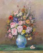 DYF. Bouquet de fleurs dans un vase bleu. Huile sur...