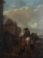ECOLE HOLLANDAISE du 18ème siècle. 
La halte des cavaliers
Huile sur...