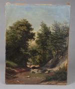 LEMAITRE, L (19ème siècle). Pêcheur en bordure de ruisseau. Huile...