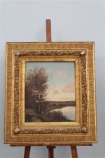 ROUSSEAU, Nicolas, 19ème siècle. "Paysage au bord d'étang", huile sur...