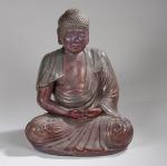 BOUDDHA assis en méditation. Statue en terre cuite émaillée de...