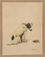 Charles de CONDAMY (1847-1913)
"Chien et tortue", Gouache signée. 16x12 cm....
