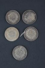 MONNAIES en argent : 2 x 50 francs hercule 1976...