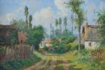 BALLUE, Pierre Ernest (1855-1928). Chemin de hameau. Huile sur toile...