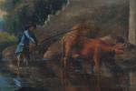 ECOLE FRANCAISE 18ème siècle. "Gardien de vaches dans un ruisseau",...