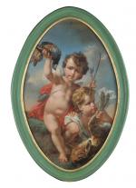 SOLDÉ, Alexandre (1822-1893). Angelots chasseurs. Huile sur toile ovale, signée...