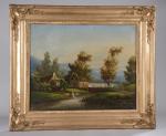 ROBERT, 19ème siècle. Paysage animé à la rivière. Paire d'huiles...