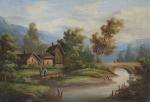 ROBERT, 19ème siècle. Paysage animé à la rivière. Paire d'huiles...