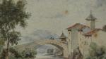 ECOLE FRANCAISE du 19ème siècle. "Pont sur la rivière"