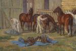 RAIMOND (19ème siècle). "Cavaliers et chevaux militaires à l'étape", huile...