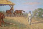RAIMOND (19ème siècle). "Cavaliers et chevaux militaires à l'étape", huile...