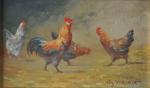 VIRION, Charles (1865-1946). "Poules", Paire de petites huiles sur panneaux,...