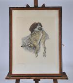 DANCHIN Léon (1887-1938). "Griffon portant un lièvre" lithographie couleur signée...