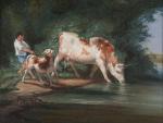 ECOLE FRANCAISE du 19ème siècle. Vache et veau s'abreuvant. Huile...