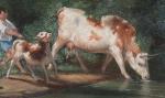 ECOLE FRANCAISE du 19ème siècle. Vache et veau s'abreuvant. Huile...