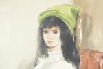 BARRAX (20ème siècle). Jeune fille au chapeau vert. Aquarelle signée...