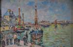 STENN Henri (1903-1993). "Cherbourg, port animé", huile sur isorel signée...