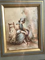 ECOLE FRANÇAISE du 19ème siècle. "Femme au foyer", aquarelle monogrammée...
