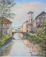 DECONINCK (20ème siècle). Vue de canal en bordure de village....