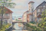 DECONINCK (20ème siècle). Vue de canal en bordure de village....