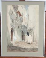 ECOLE ORIENTALISTE du 19ème siècle. "Ruelle d'Alger animée", aquarelle signée...