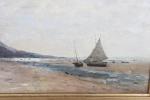 DECAN, Eugène (1829-1894). "Bord de mer animé", huile sur toile...