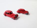DINKY France, 2 modèles repeints rouge : réf 24K Peugeot 402...