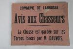 AVIS aux chasseurs circa 1930. Commune de Labrosse (avec timbre)....