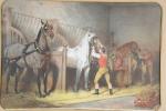 ECOLE du 19ème siècle. "Harnachement des chevaux pour l'attelage", gravure...