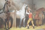 ECOLE du 19ème siècle. "Harnachement des chevaux pour l'attelage", gravure...