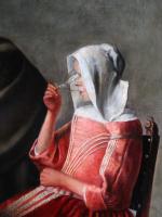 ECOLE FLAMANDE moderne d'après Vermeer
Le verre d'eau, huile sur toile....