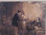 ECOLE FLAMANDE du 19ème siècle. "Scène de taverne", dessin aquarellé....