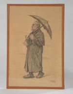 LIOZU Charles (19ème - 20ème). "Homme au parapluie" dessin au...