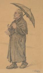 LIOZU Charles (19ème - 20ème). "Homme au parapluie" dessin au...