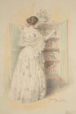 NICOLET, Gabriel Émile (1856-1921). Femme à la bibliothèque. Dessin aux...