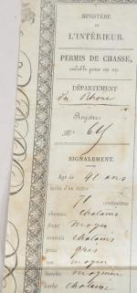 PERMIS de chasse, département du Rhône, 1844, de monsieur Jean...