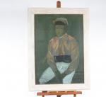 LADOU Robert (1929-2014). "Jockey", Grande huile sur papier marouflée, signée...