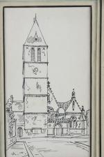 TRANCHAND. Charles. 
"Eglise de Noyen-sur-Sarthe", dessin à la plume monogrammé...