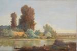 DESHAYES. Charles (1831-1895). "Bord de rivière", Huile sur toile signée...