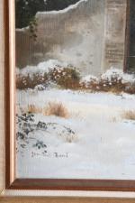 BARRE, Jean-Paul (1954). Portail sous la neige. Peinture sur toile...