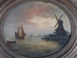 ECOLE HOLLANDAISE du XIXeme siècle. Paysage maritime au moulin. huile...