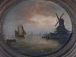 ECOLE HOLLANDAISE du XIXeme siècle. Paysage maritime au moulin. huile...