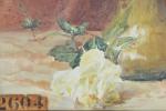SENOVILLE. L.J. (19ème). "Bouquet de roses blanches", aquarelle sur papier...