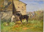 CALVES (Georges) "Deux chevaux près d'un village" hst, sbd, 54x73...