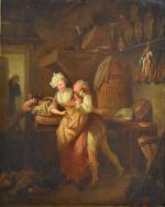 BAUDOUIN (Pierre-Antoine) (1723-1769) (Attribué à) "Le cuisinier entreprenant" panneau parqueté,...